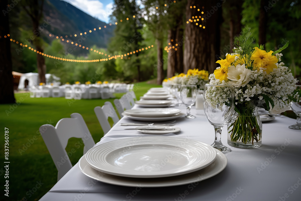 Fototapeta premium Outdoor event setup with tables and flowers in a scenic location