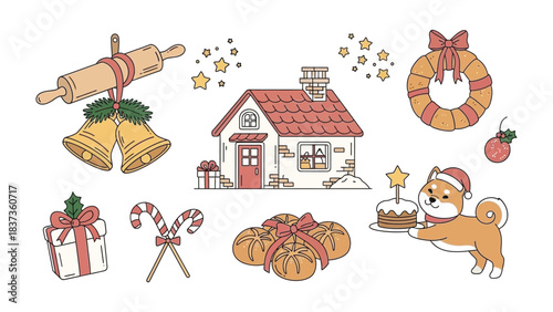 Festive Holiday Delight: An illustrated scene of a cozy home, a delightful dog with a festive hat, and a medley of celebratory elements, evoking the warmth and cheer of the holiday season.