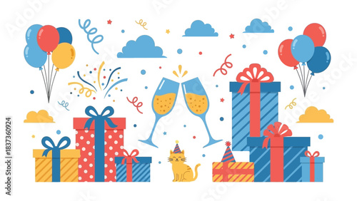 Festive Celebration: Colorful balloons, shimmering confetti, and elegantly wrapped gifts create a scene of joy and anticipation, with champagne flutes raised in a cheerful toast.