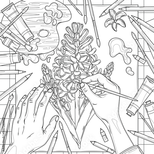 The artist's hands paint the hyacinth flower.Coloring book antistress for children and adults.