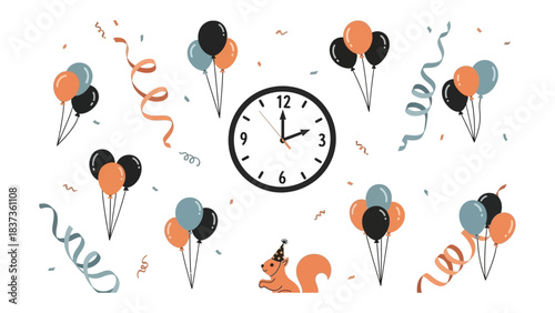 Countdown Celebration: A cheerful arrangement of balloons, confetti, and a clock ticking towards a moment of celebration, suggesting a festive ambiance.