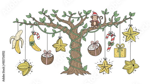 Festive Tropical Tree: A whimsical illustration of a tree adorned with festive ornaments and a playful monkey, celebrating the holiday season with tropical flair.