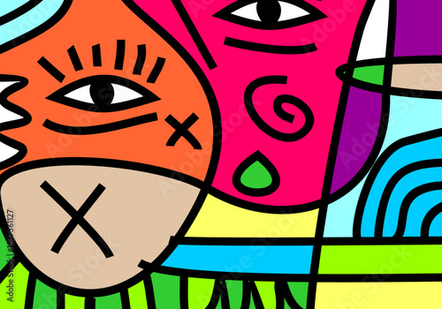 contemporary vector abstract portraits characterized by a fusion of Cubism, Pop Art, and Street Art Doodle