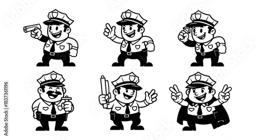 Set of Six Cartoon Police Officers Poses and Gestures.