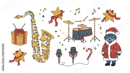 Festive Holiday Musical Instruments and Decorations: An enchanting illustration presents a delightful array of musical instruments adorned with festive decorations.