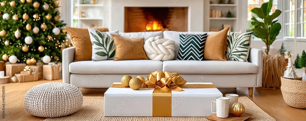 Obraz premium Cozy living room with Christmas tree, fireplace, and modern neutral decor for festive home warmth