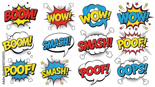 Colorful comic book speech bubbles with onomatopoeia words for dynamic design elements