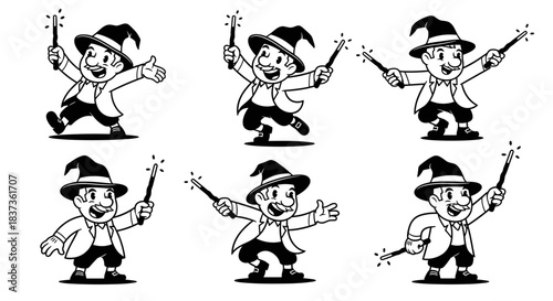 Cartoon Wizard Character Set Magic Wand Sparkles.