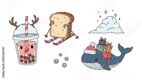 Festive Delight: Charming illustrations of festive items: a holiday bubble tea, ski toast, snowflakes, festive whale.