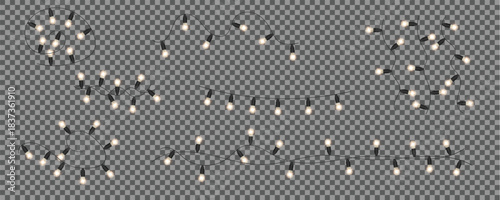 Set realistic glowing string lights garlands on transparent background. Festive hanging bulbs for decoration