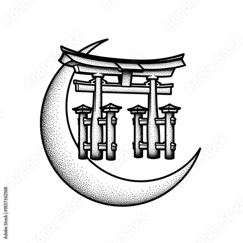 Japanese Torii Gate and Crescent Moon Tattoo Design.