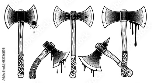 Collection of Viking Battle Axes with Blood Splatter.