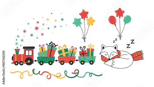 Festive Train and Whimsical Accents: A delightful illustration of a holiday train laden with vibrant gifts and playful balloons, alongside a sleeping fox with a cozy scarf.