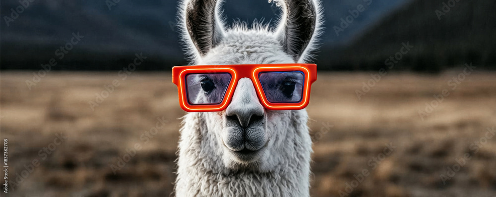 Naklejka premium Llama with vibrant neon rimmed glasses, creating a fun visual of a trendy animal with a distinctive, cool character