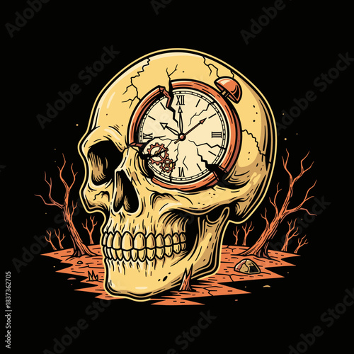 Skull with broken clock face showing time passing away.
