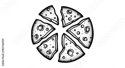 Hand drawn illustration of a sliced cheese wheel with holes.