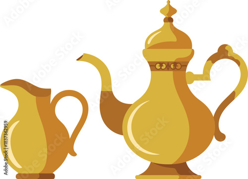 Golden arabic teapot and creamer traditional vector illustration