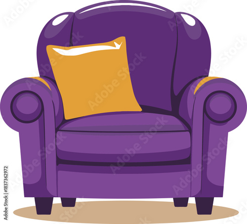 Comfortable purple armchair with yellow pillow, cozy vector illustra