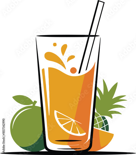 Refreshing citrus and tropical fruit juice in glass with straw vector