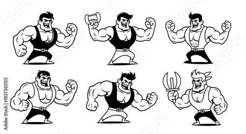 Set of Muscular Cartoon Bodybuilders Posing Flexing Muscles.