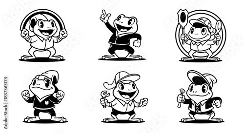Set of Six Cartoon Frog Characters in Various Poses and Outfits.