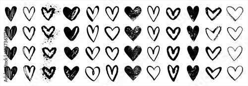 Hand drawn grungy hearts set. Brush chalk marker linocut ink splashes heart shapes. Artistic lines silhouettes outlines. Valentine's day uneven textured doodle templates. Graphic elements collection