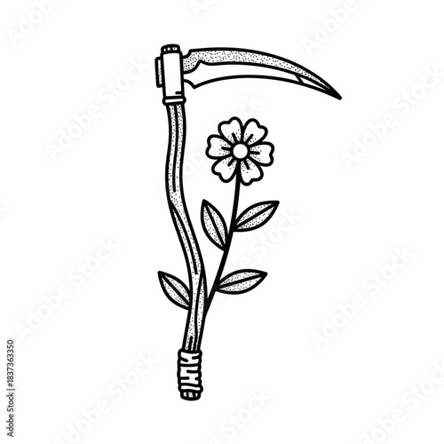 A delicate flower blooms from the handle of a grim reapers scythe.