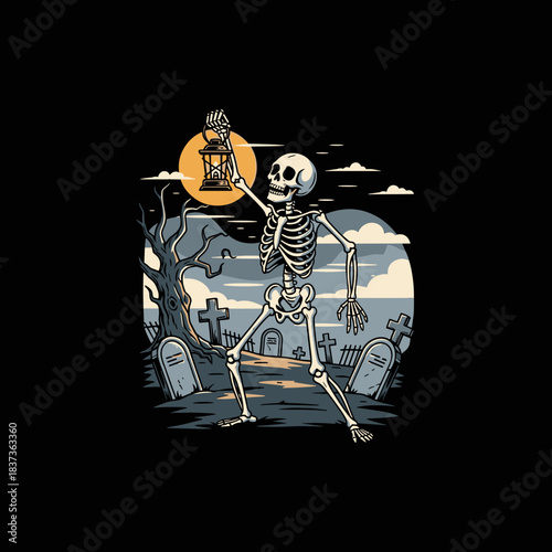 Skeleton holding a lantern in a graveyard at night.