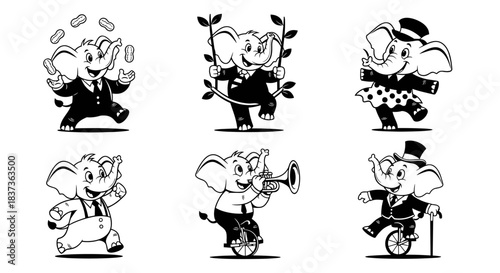 Set of six cartoon elephants performing various circus acts and activities.