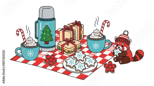 Festive picnic with dessert: A delightful scene unfolds, featuring a thermos, Christmas dessert, and a cheerful red panda.