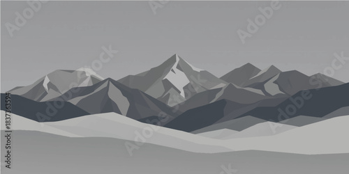 A vector illustration of a cold mountain landscape with snowy peaks under a blue winter sky filled with clouds and fog over a high alpine range