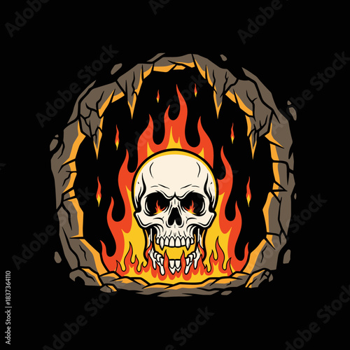 Scary Skull Emerging from Fiery Cave Entrance.