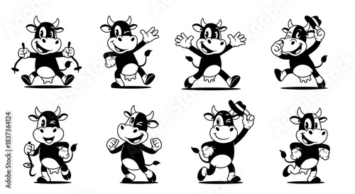 Set of eight cartoon cows in various poses and actions.