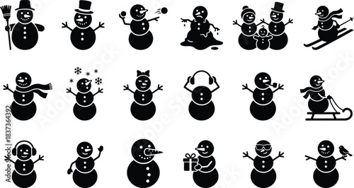 Winter snowman silhouette icon set. Christmas holiday character symbols including melting and skiing figures vector collection.
