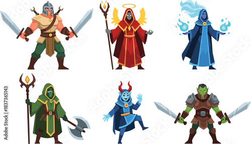 Fantasy warrior, mage, druid, orc, spellcaster, RPG character set, colorful costume, magical powers, medieval weapons, roleplay game, vector illustration, stock art