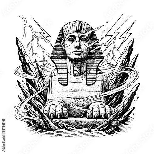 Ancient Egyptian Sphinx Statue with Majestic Head and Paws.