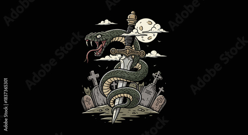 A coiled snake wraps around a dagger with a full moon in the background.