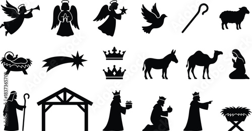 Birth of Jesus and Christian holiday black glyph icons. Three wise men, manger, and star of Bethlehem vector symbols set.
