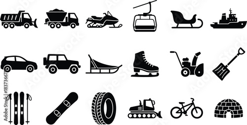 Winter transportation and vehicle silhouette icon set. Snow removal truck and snowmobile equipment symbols vector collection.
