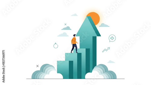 Motivated person walking up a rising arrow, symbolizing career advancement, personal growth, and the journey towards success and future opportunities