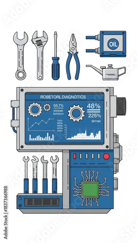 Advanced diagnostic machine with tools for mechanical and robotic repair, featuring digital analysis and traditional instruments for efficient maintenance