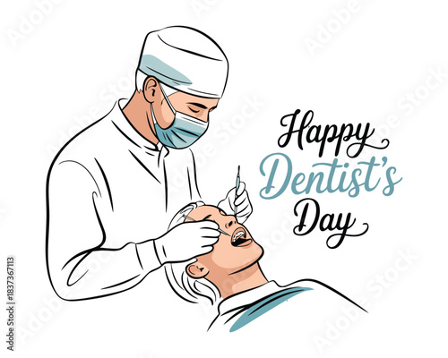 Dentists day simple vector illustration with doctor and patient. One continuous line art drawing background, banner, poster for dentists day celebration.