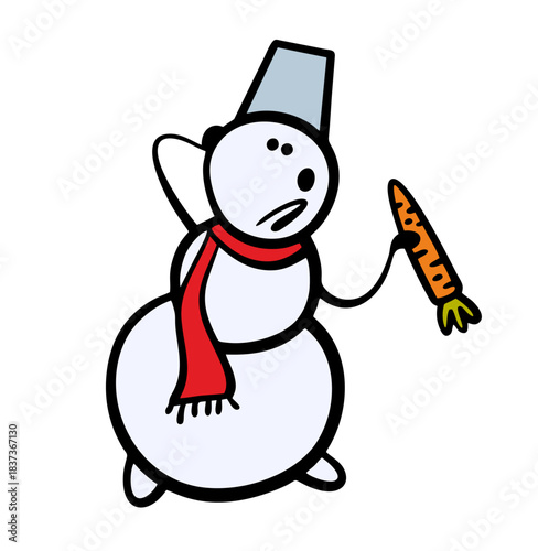 Funny confused cartoon snowman lost his nose. Vector illustration of a huge carrot in his hands. Isolated character on white background.