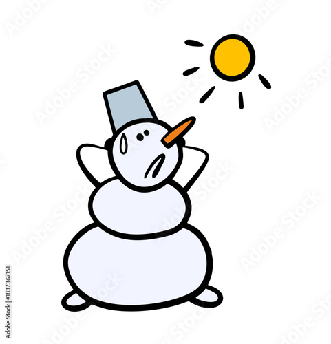 Cartoon snowman looks at the bright sun in panic. vector illustration of a thaw or spring, snow melts from the heat. Isolated character on white background.