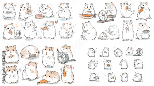 Adorable illustration set of hamsters in various poses, including eating, running, rolling, and resting, drawn in a soft sketch style full of personality and charm.