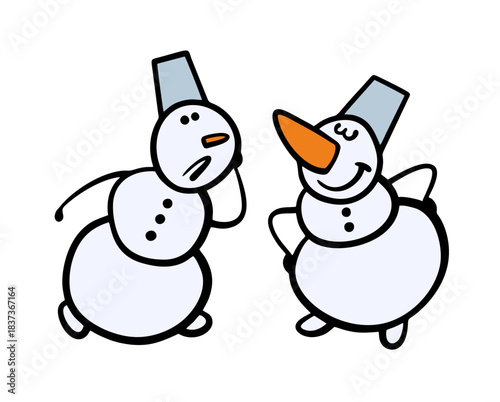 Two snowmen compete in the length of a carrot. Vector illustration of a winner and a loser. Size dominates. Isolated character on white background.