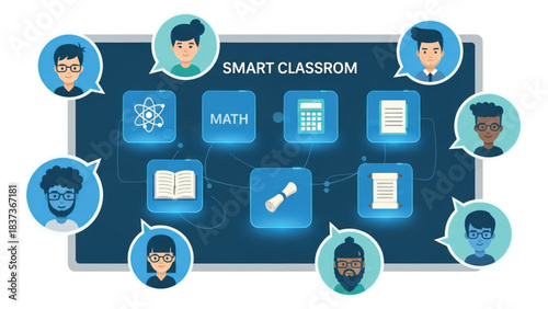 Interactive online education platform illustrating a smart classroom experience with student avatars and diverse subject icons connected digitally
