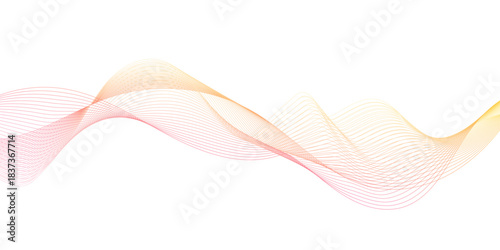 abstract pink and yellow curved lines in White Background, exhibiting a dynamic and harmonious composition against, flowing firefly dots create a vibrant wave line pattern.