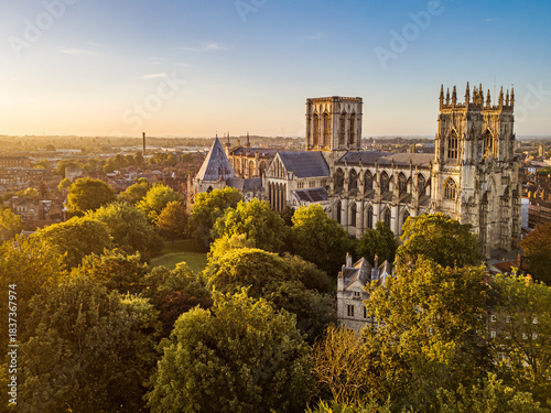 Gothic architecture of York Minster viewed from above at sunrise