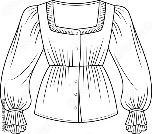 Blouse technical illustration featuring square neckline, puffed sleeves, pleated cuffs, and button front for fashion design themes.